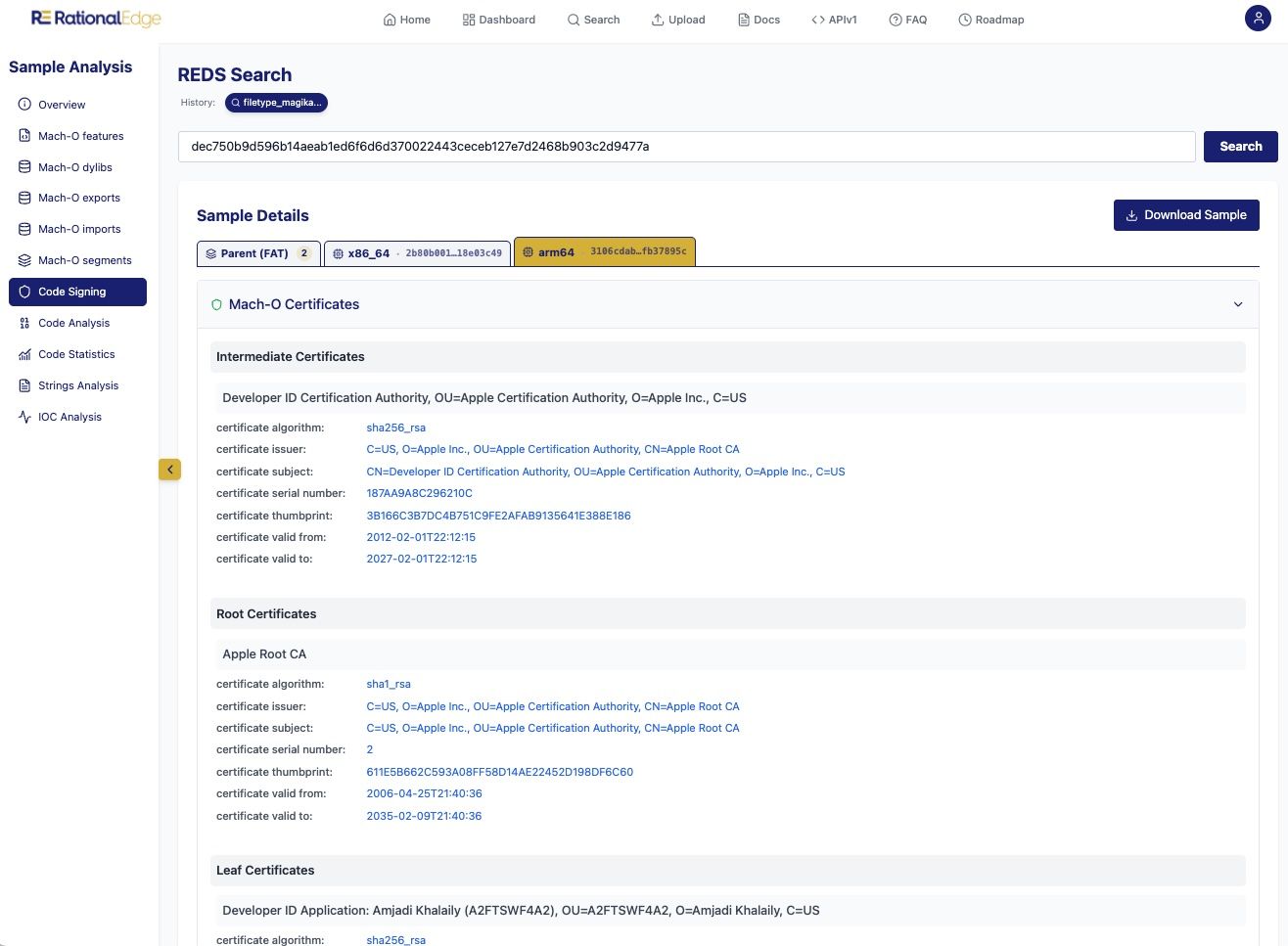Mach-O analysis in REDS